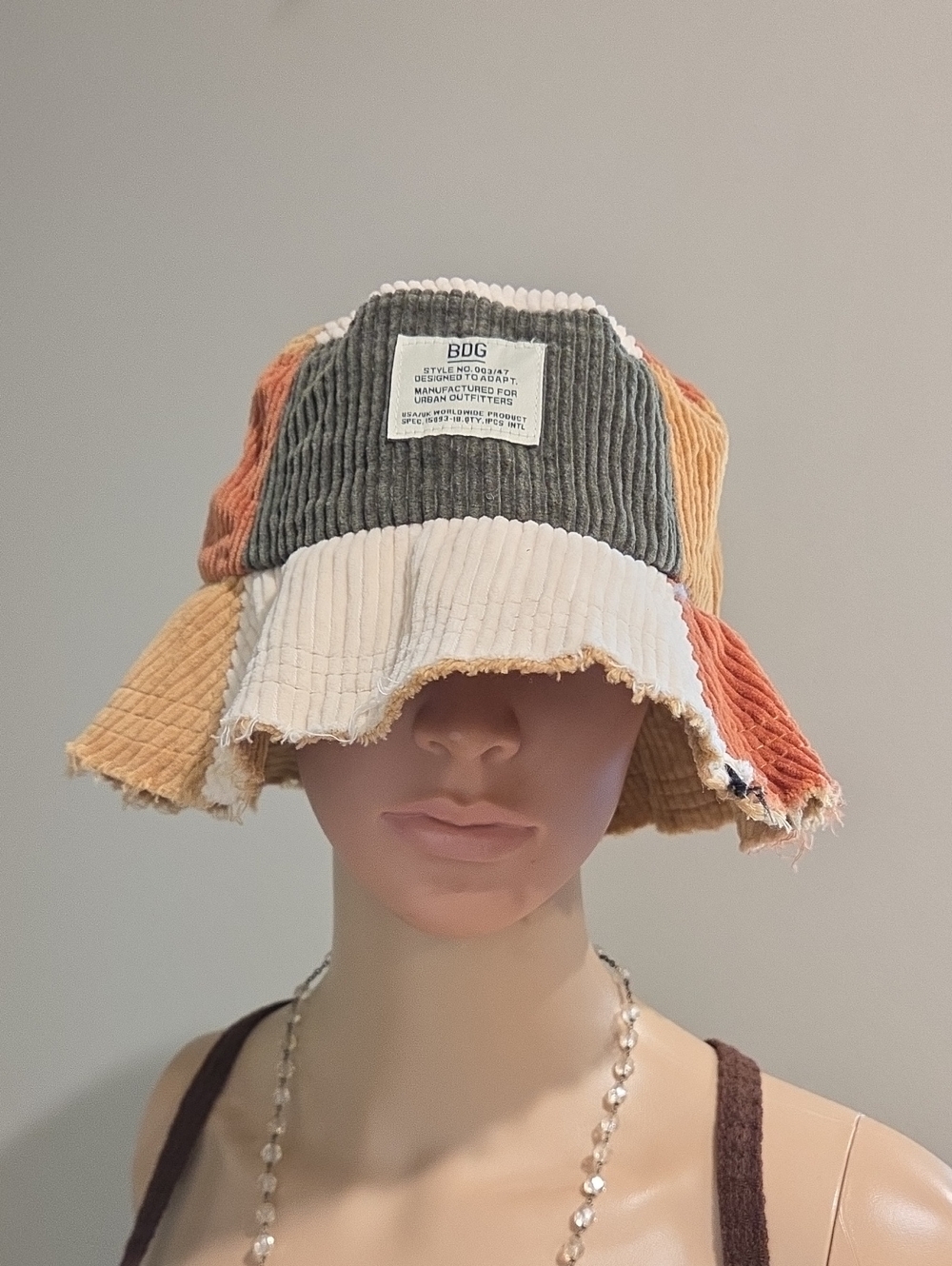 Urban Outfitters BDG Patchwork Corduroy Bucket Hat in Olive, Cream & Rust